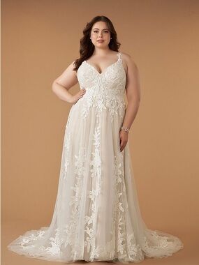 Azazie Ivory Lace A-Line Bridal Gown with V-Neck Bodice